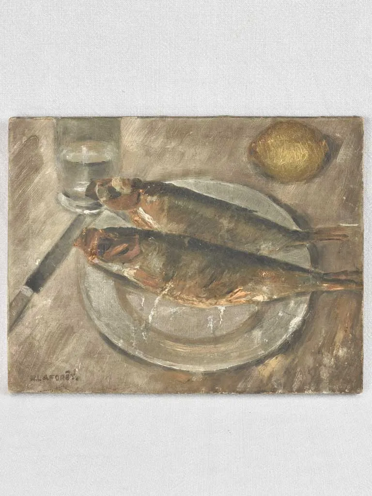 1950s still life painting - fish with lemon 11" x 14¼"