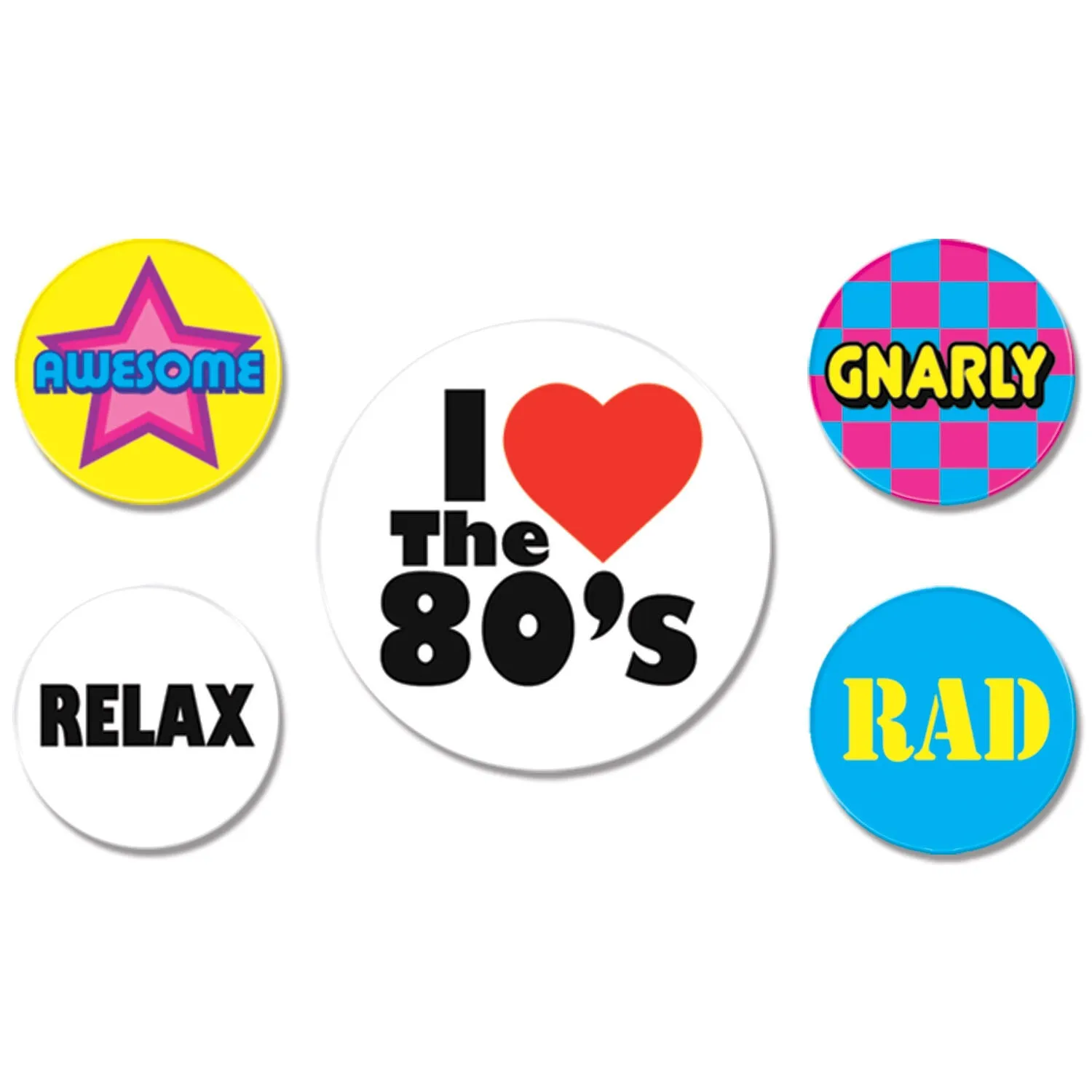 80's Party Buttons 6cm & 3cm 5pk