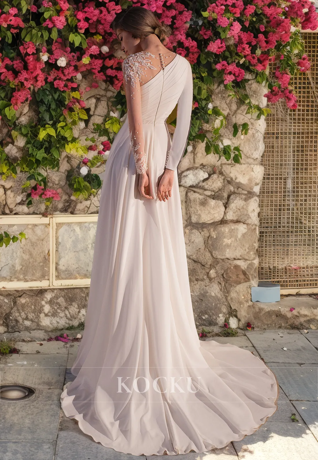 A-Line Long One Shoulder sleeves Split Satin Wedding Dress