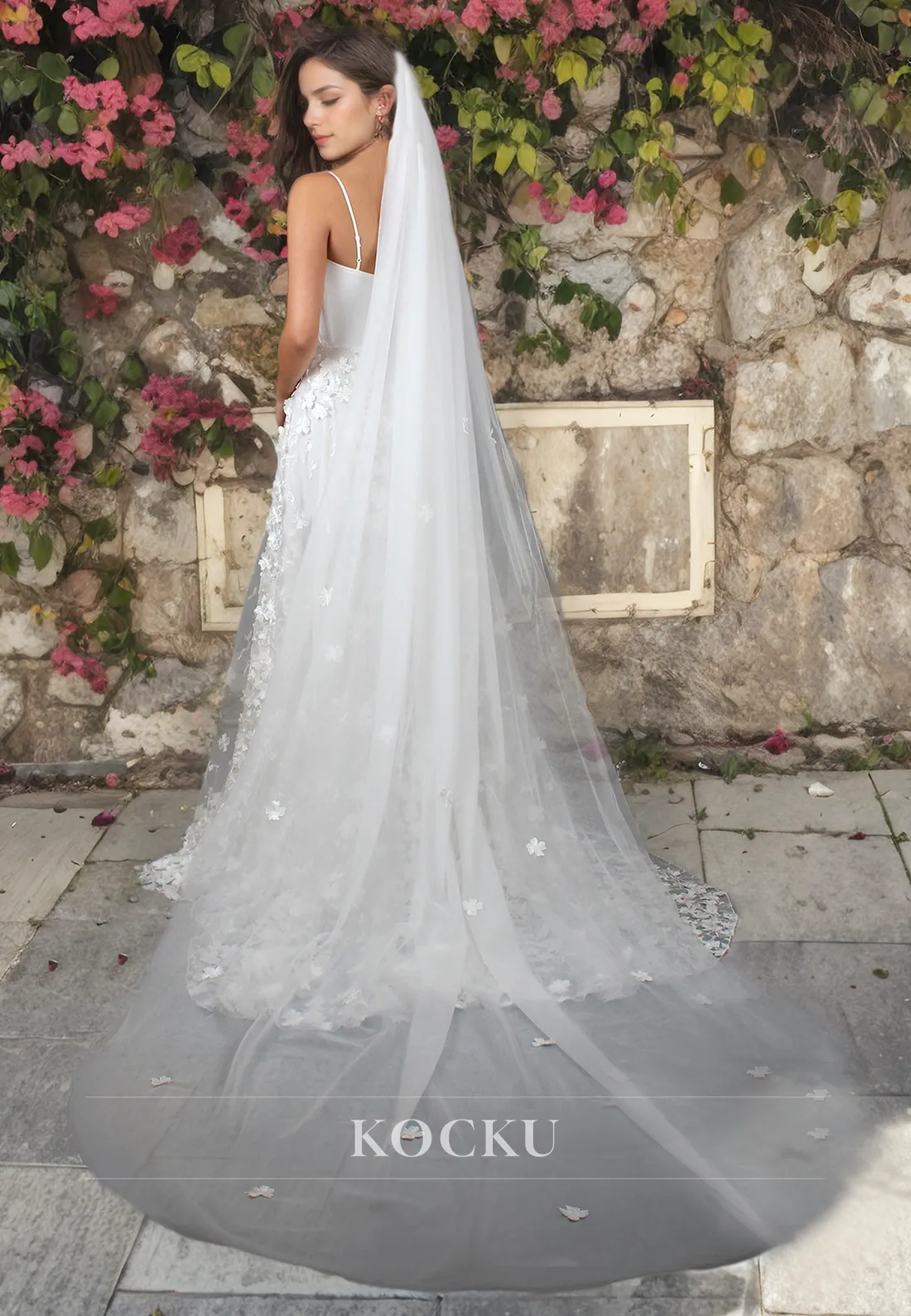 A Line One Shoulder Lace Wedding Dress with Train Bridal Dress