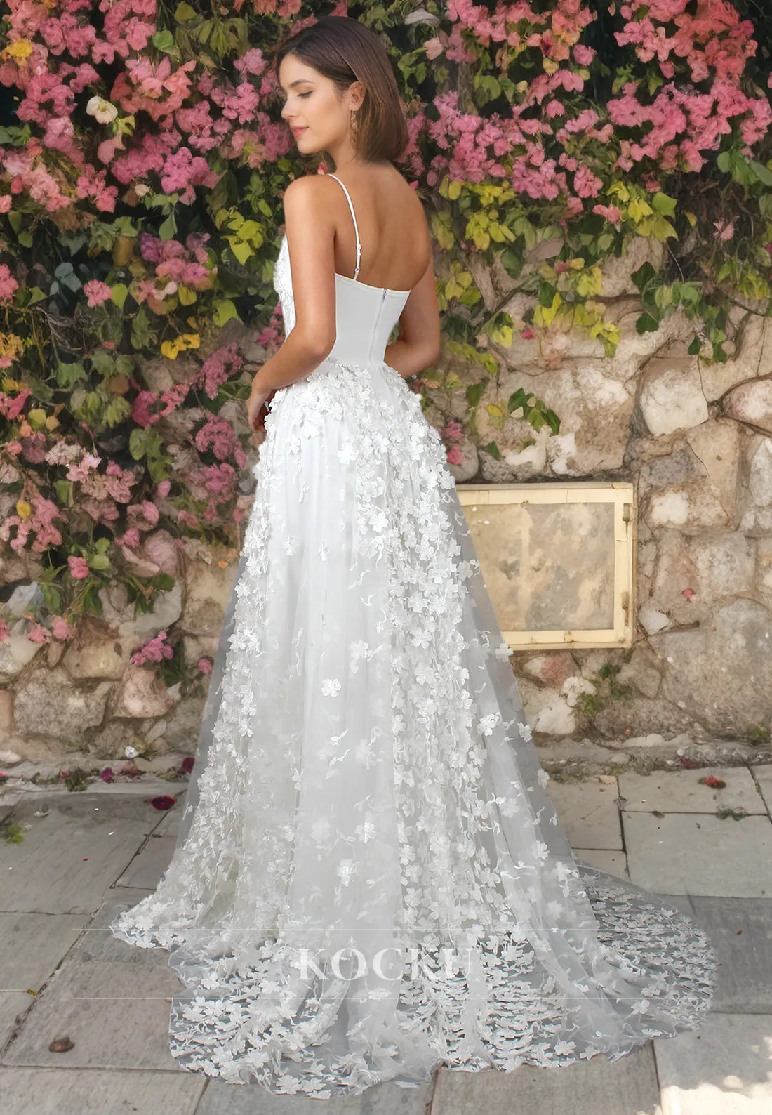 A Line One Shoulder Lace Wedding Dress with Train Bridal Dress