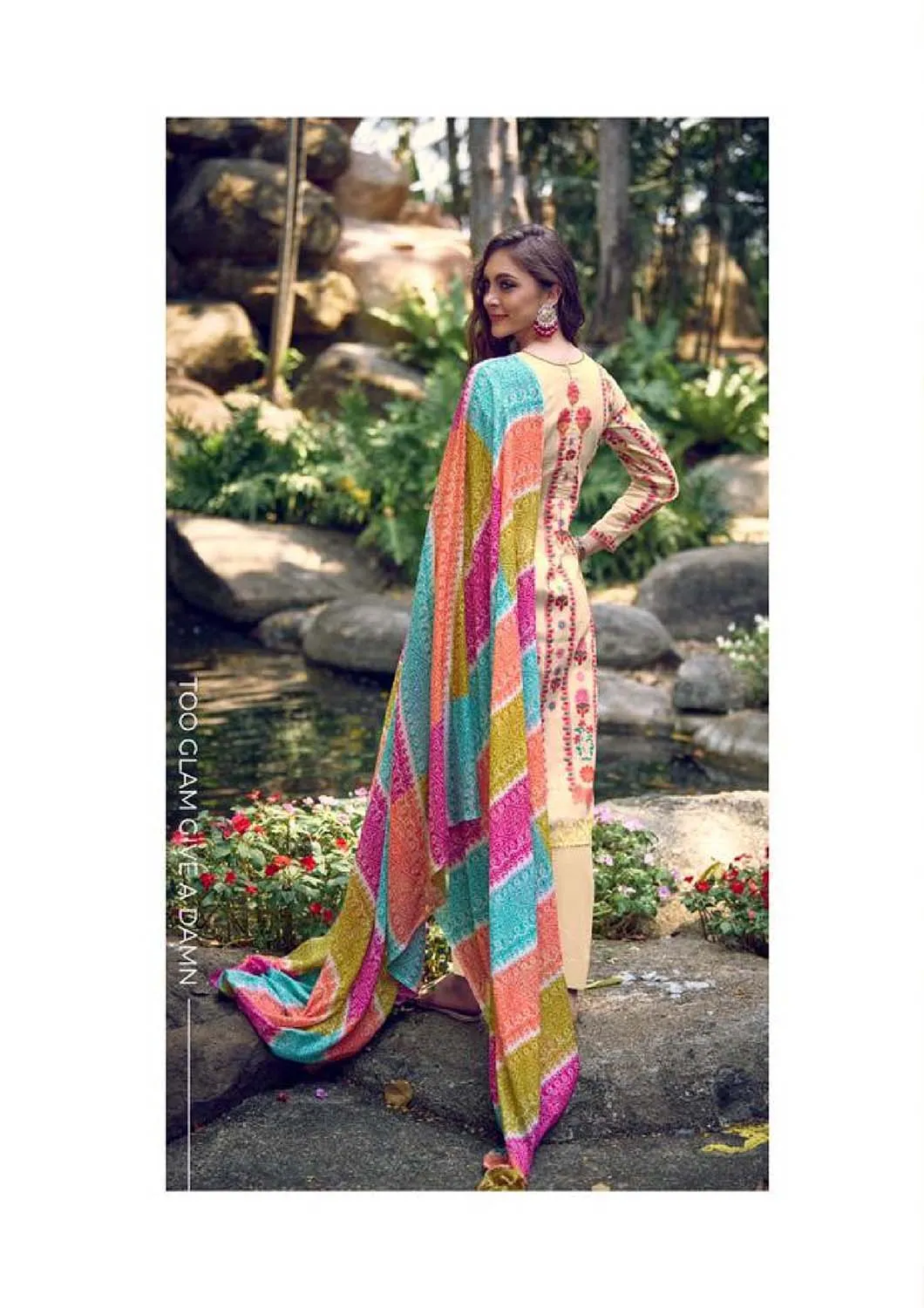 Aqsa Unstitched Cotton Suit Material Printed Embroidered Beige