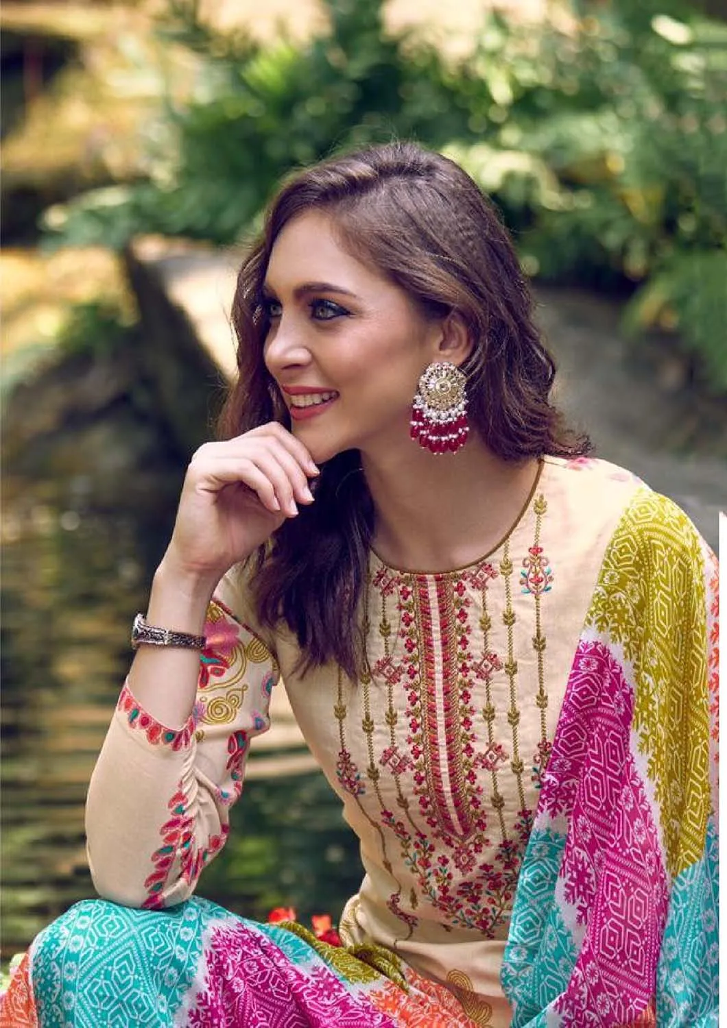Aqsa Unstitched Cotton Suit Material Printed Embroidered Beige