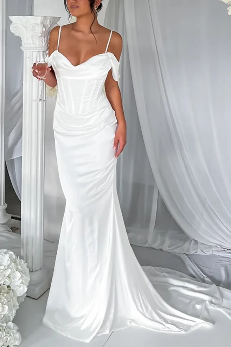 B4307 - Off-Shoulder Spaghetti Straps Ruched Satin Sheath Long Bridesmaid Dress