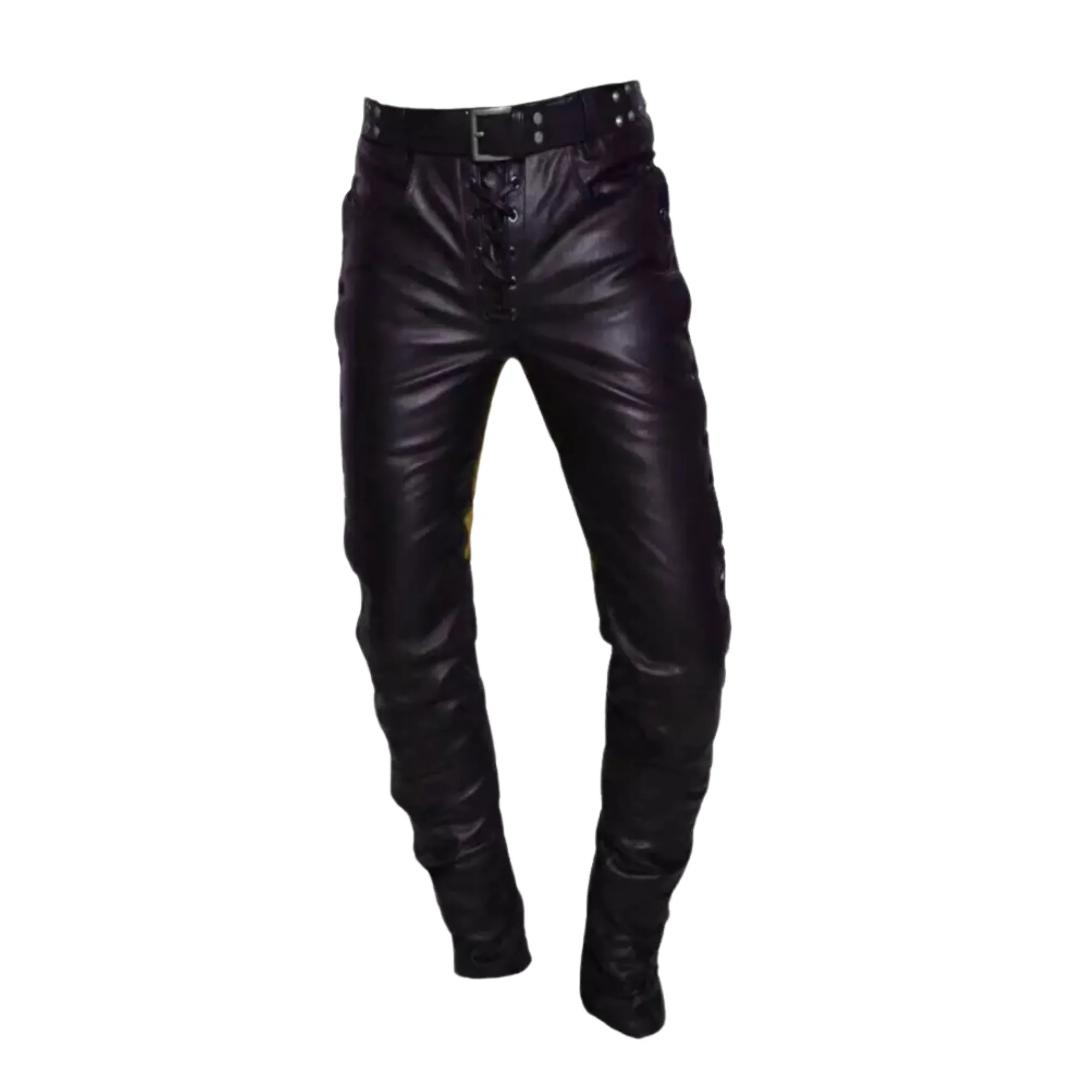 Black and Yellow Leather Pants with Side Laces