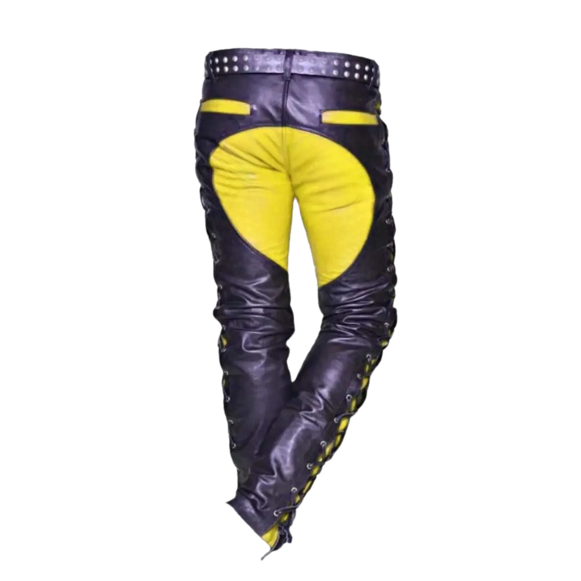 Black and Yellow Leather Pants with Side Laces