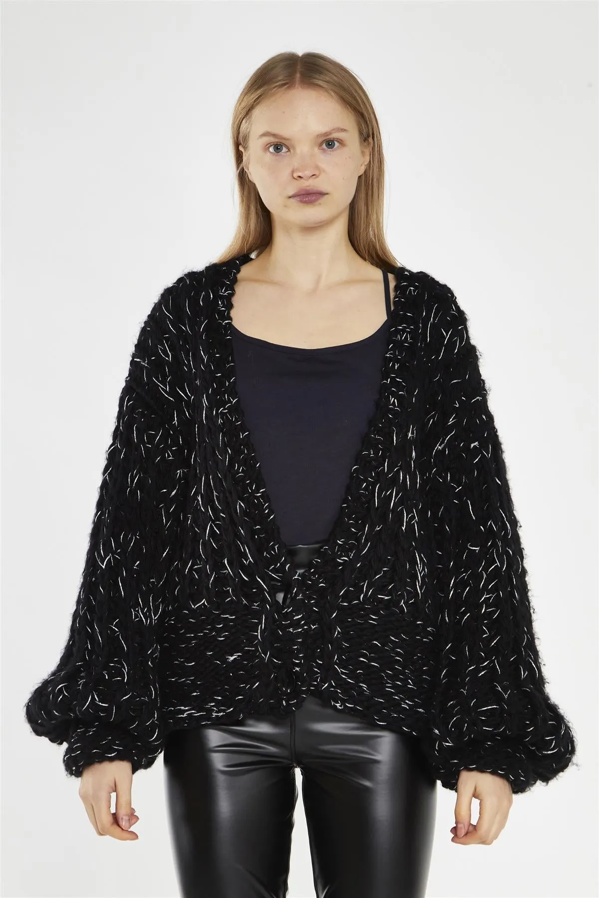 Black Silver-Fleck Cable-Knit Cardigan