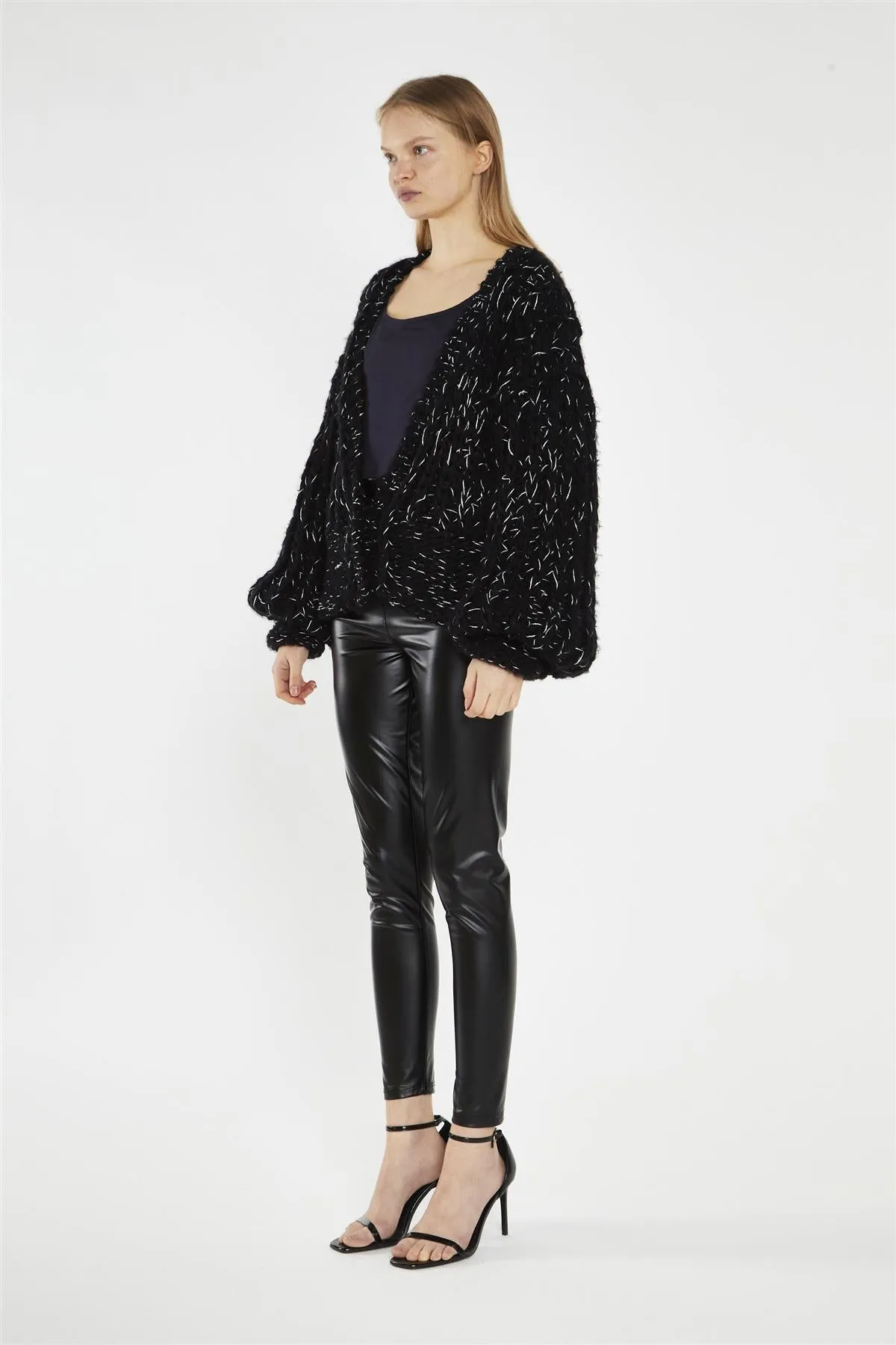 Black Silver-Fleck Cable-Knit Cardigan