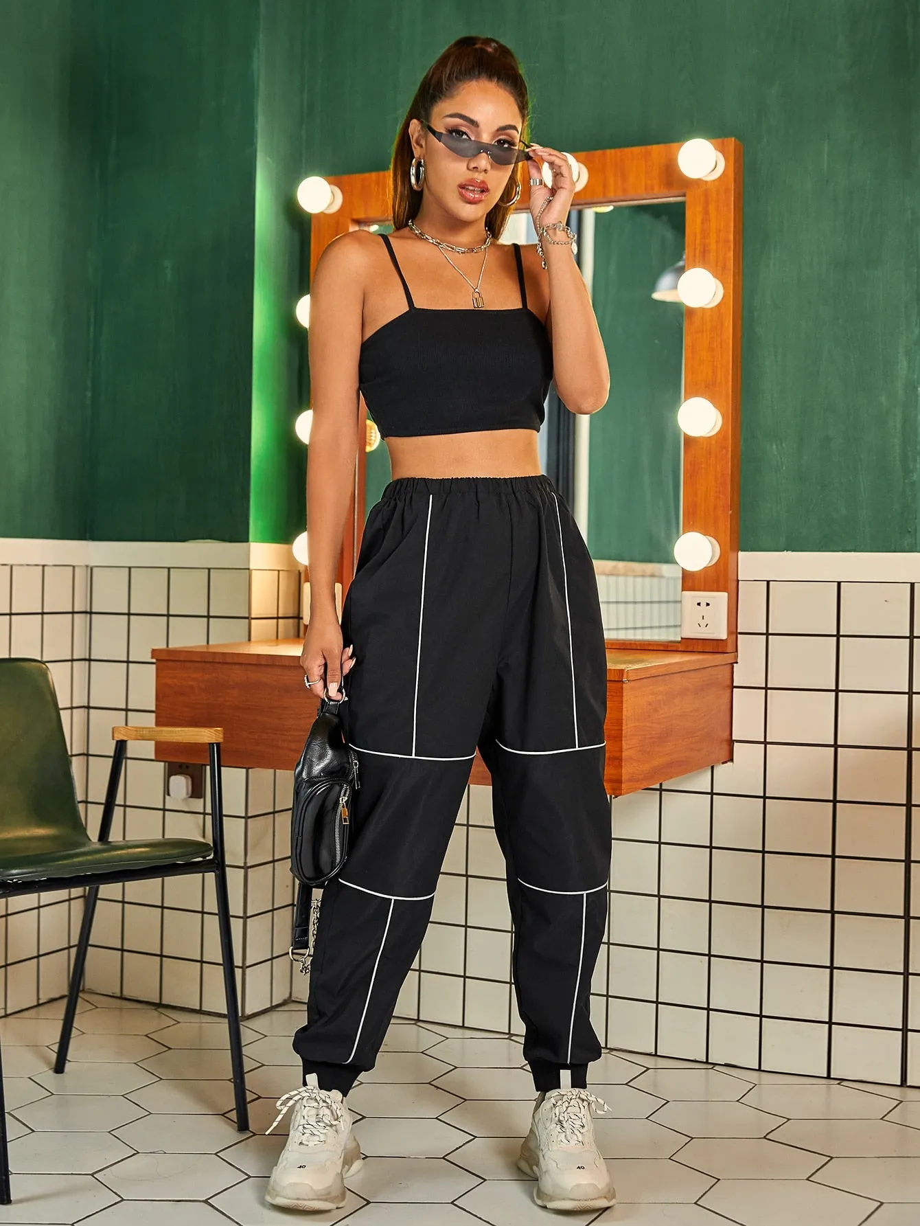 Contrast Binding High Waist Long Women Pants