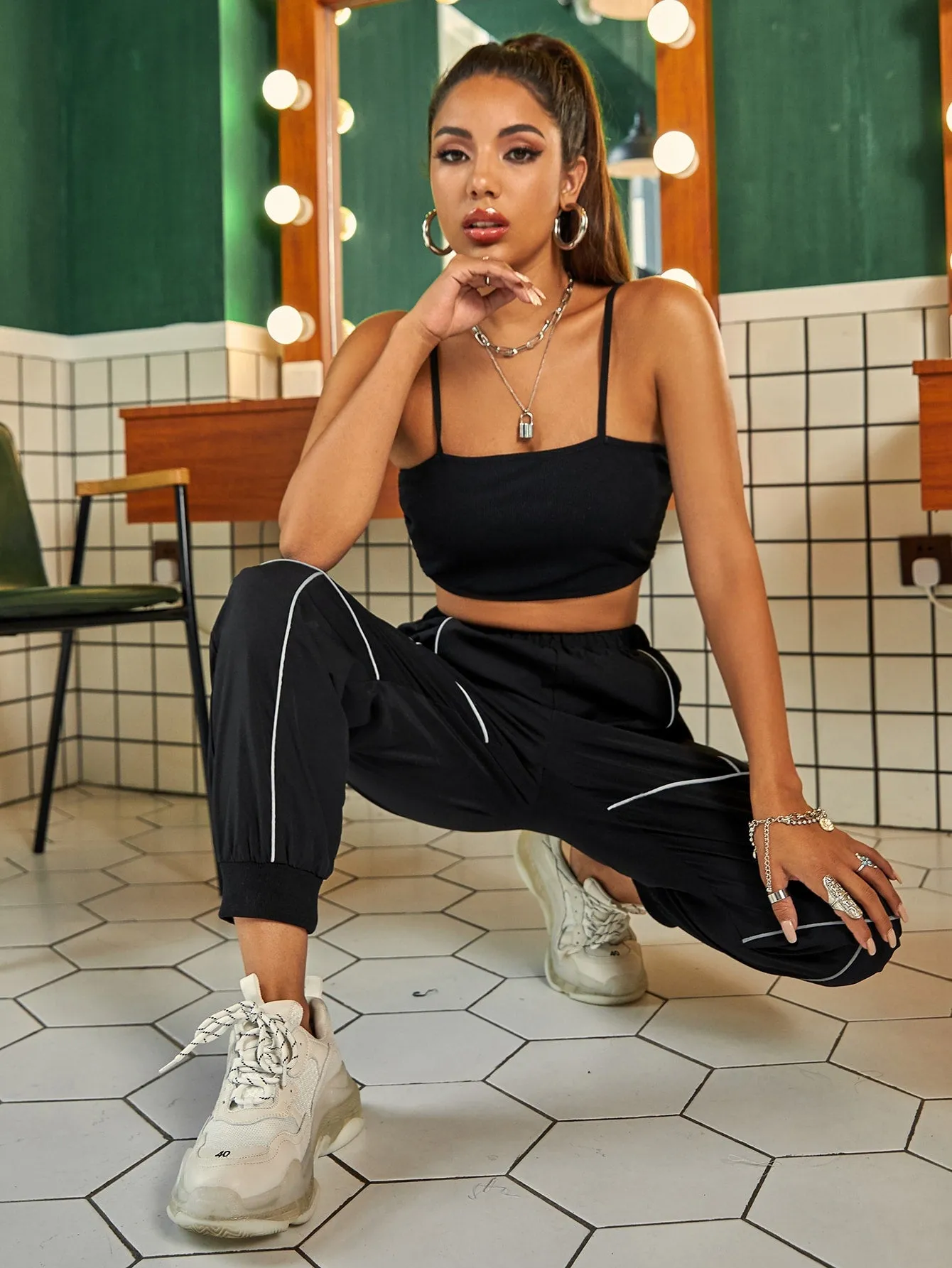 Contrast Binding High Waist Long Women Pants