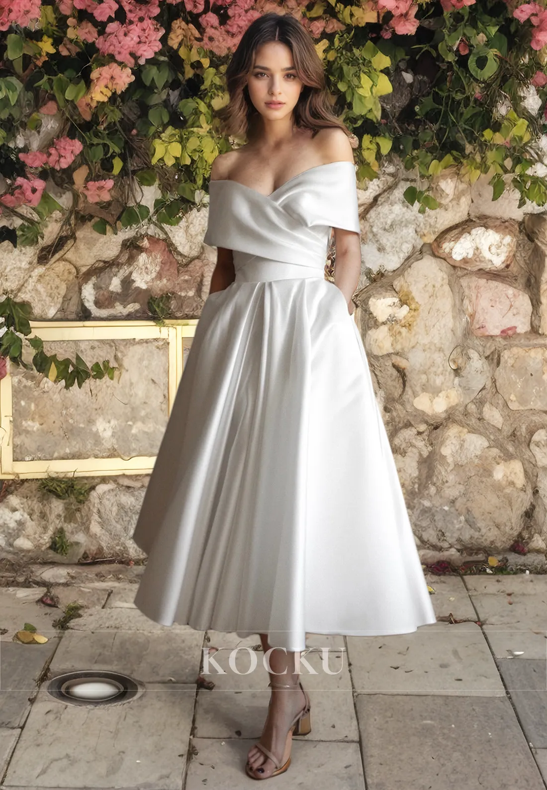 Elegant & Simple A-Line Short sleeves Satin Wedding Dress