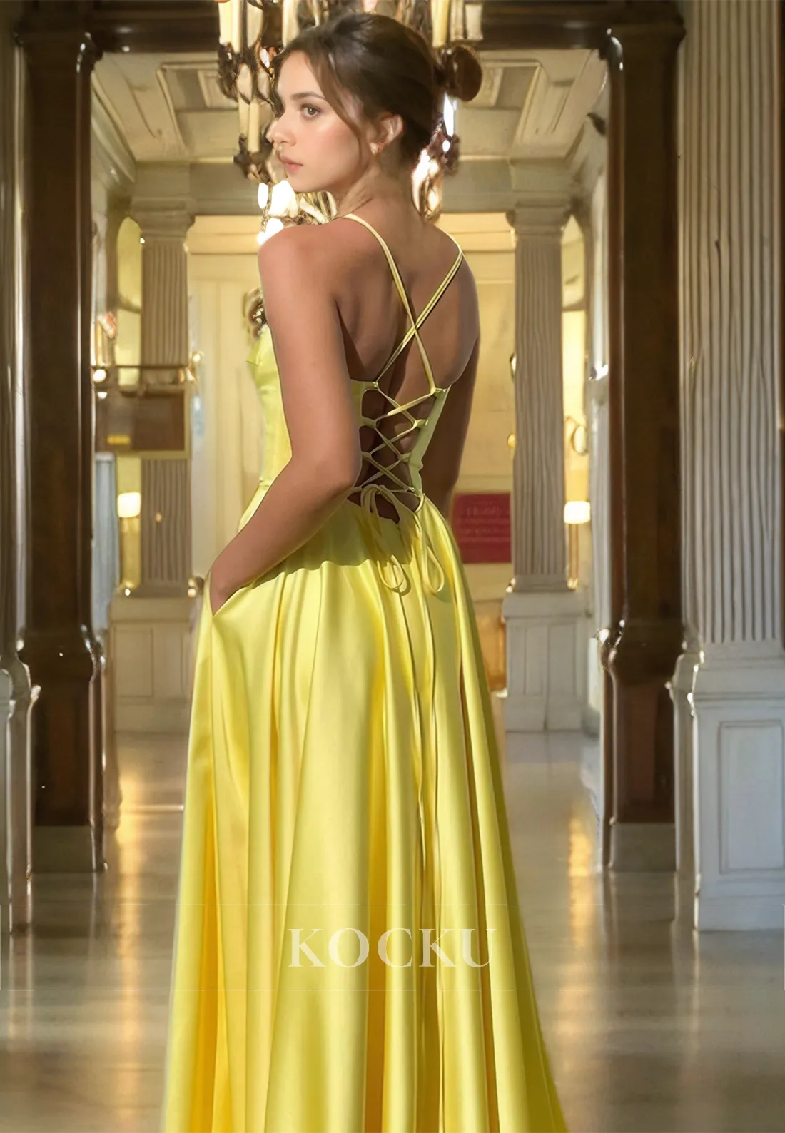 Elegant & Simple Spaghetti Straps V-Neck A-Line Split Evening Party Prom Dress