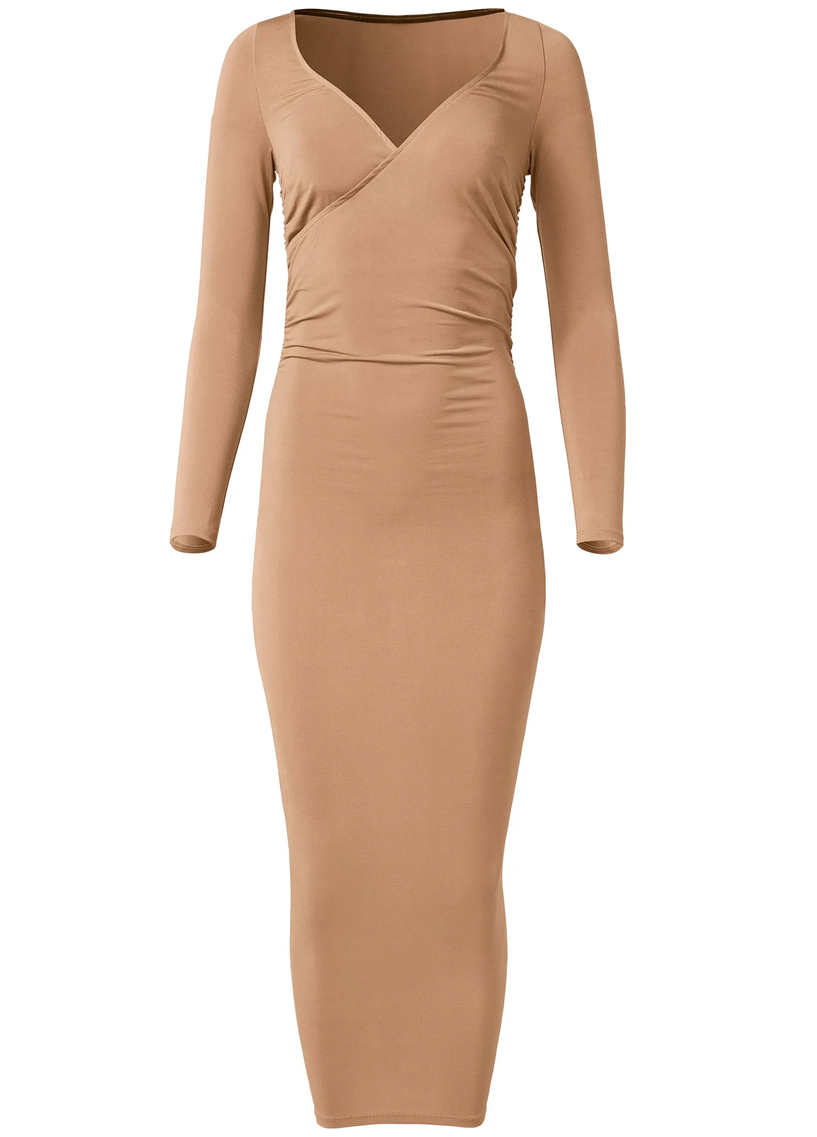 Fitted Wrap Midi Dress  - Tan