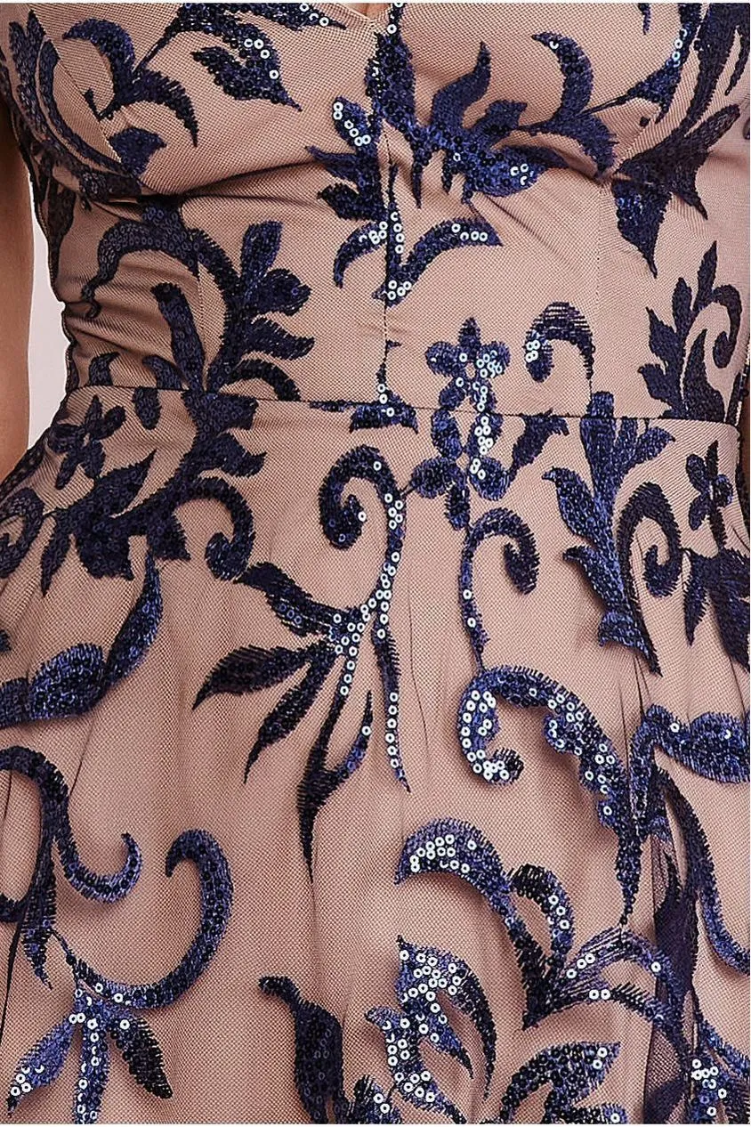 Goddiva Sequin Mesh V-Neck Flared Skirt Midi - Navy