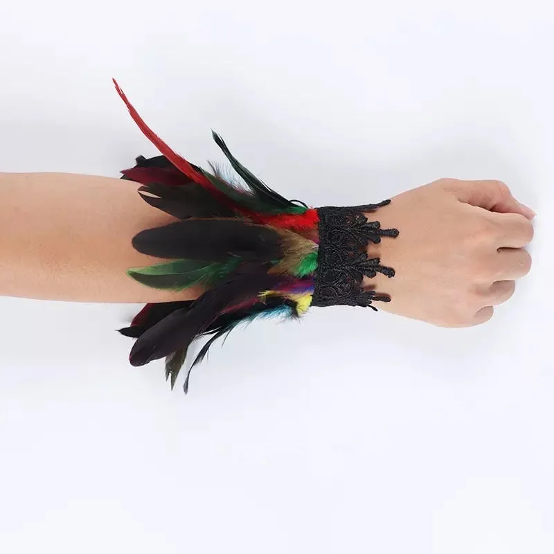 Gothic Victorian Cosplay Feather Wrist Cuffs - Rainbow