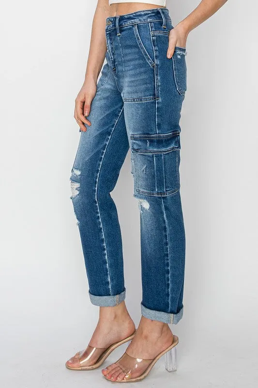 High Rise-Ankle Straight Roll Up Jeans