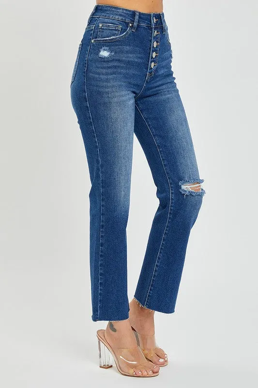 High Rise Button Down Ankle Straight Jeans