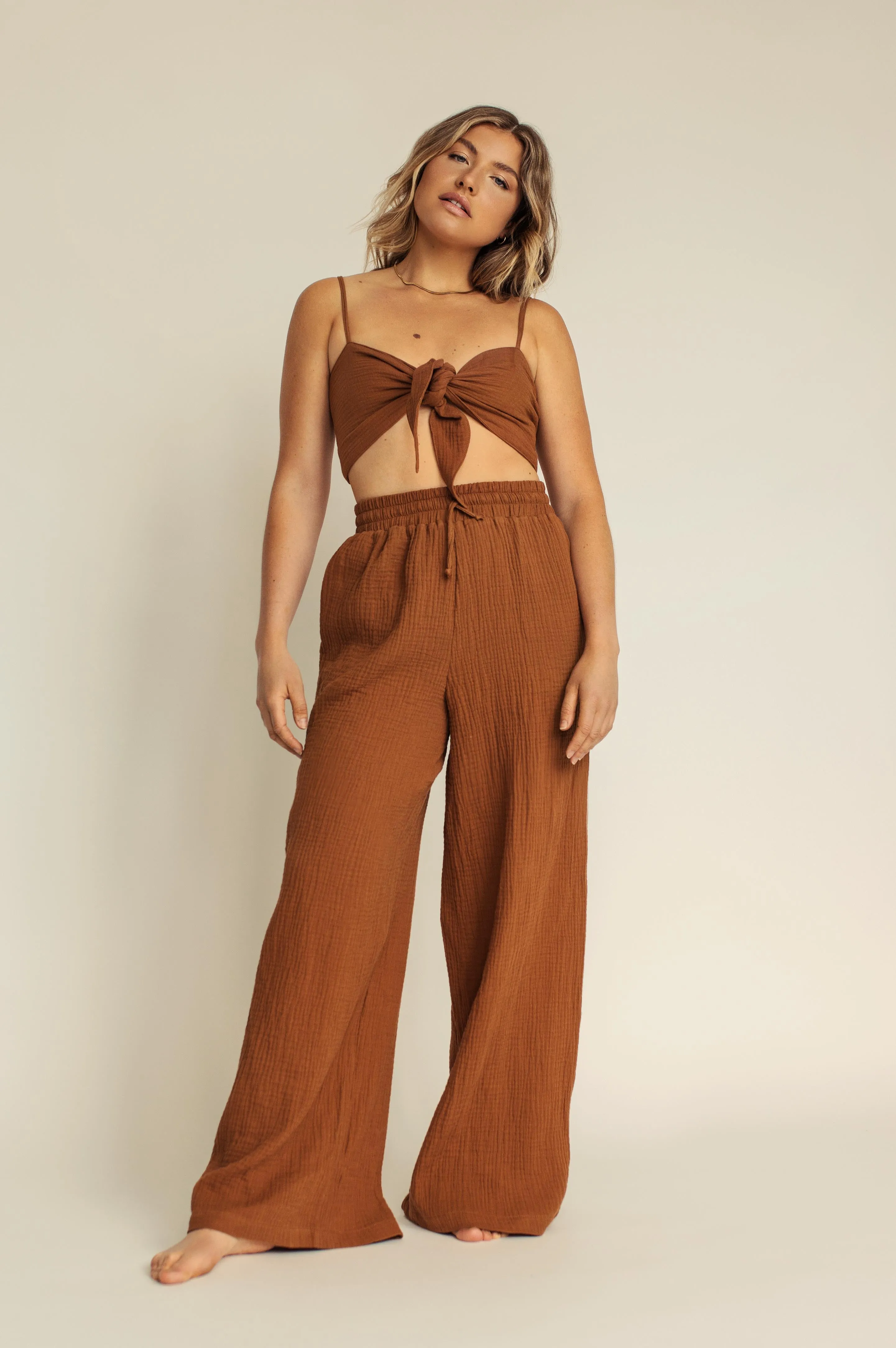 Hollie Cognac | Textured Drawstring Pants