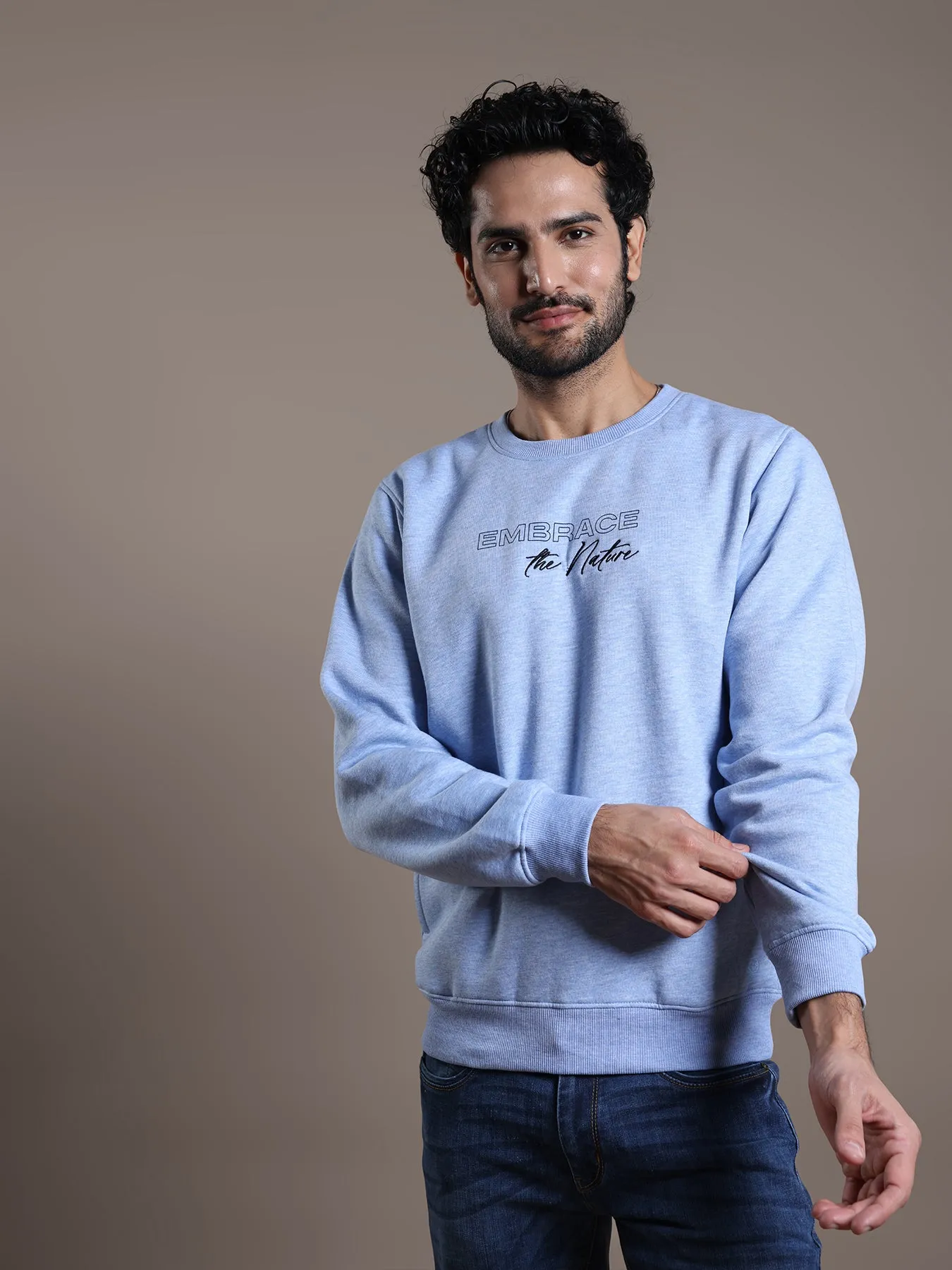 Knitted Sky Blue Printed Regular Fit Full Sleeve Casual Sweatshirt