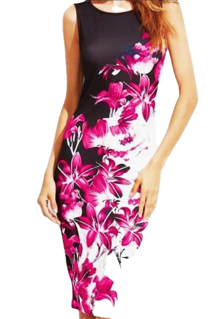 Leisure Sexy Female O-neck Sleeveless Slim Midi Dress With Floral Print S-5XL