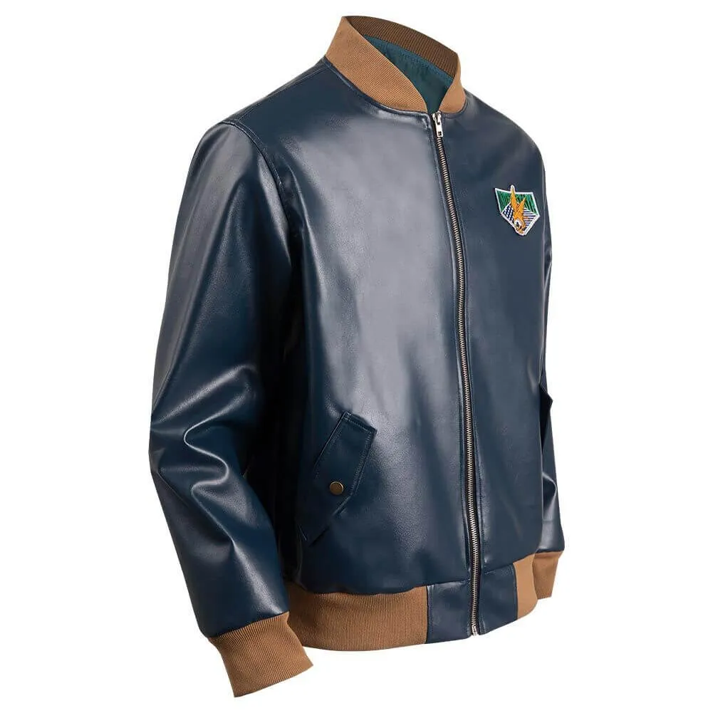 Leon Kennedy RE4 Remake Blue Leather Bomber Jacket with Patches