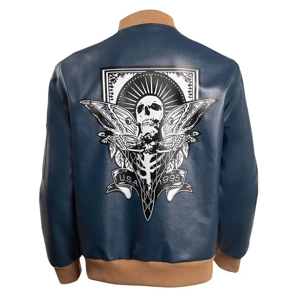 Leon Kennedy RE4 Remake Blue Leather Bomber Jacket with Patches