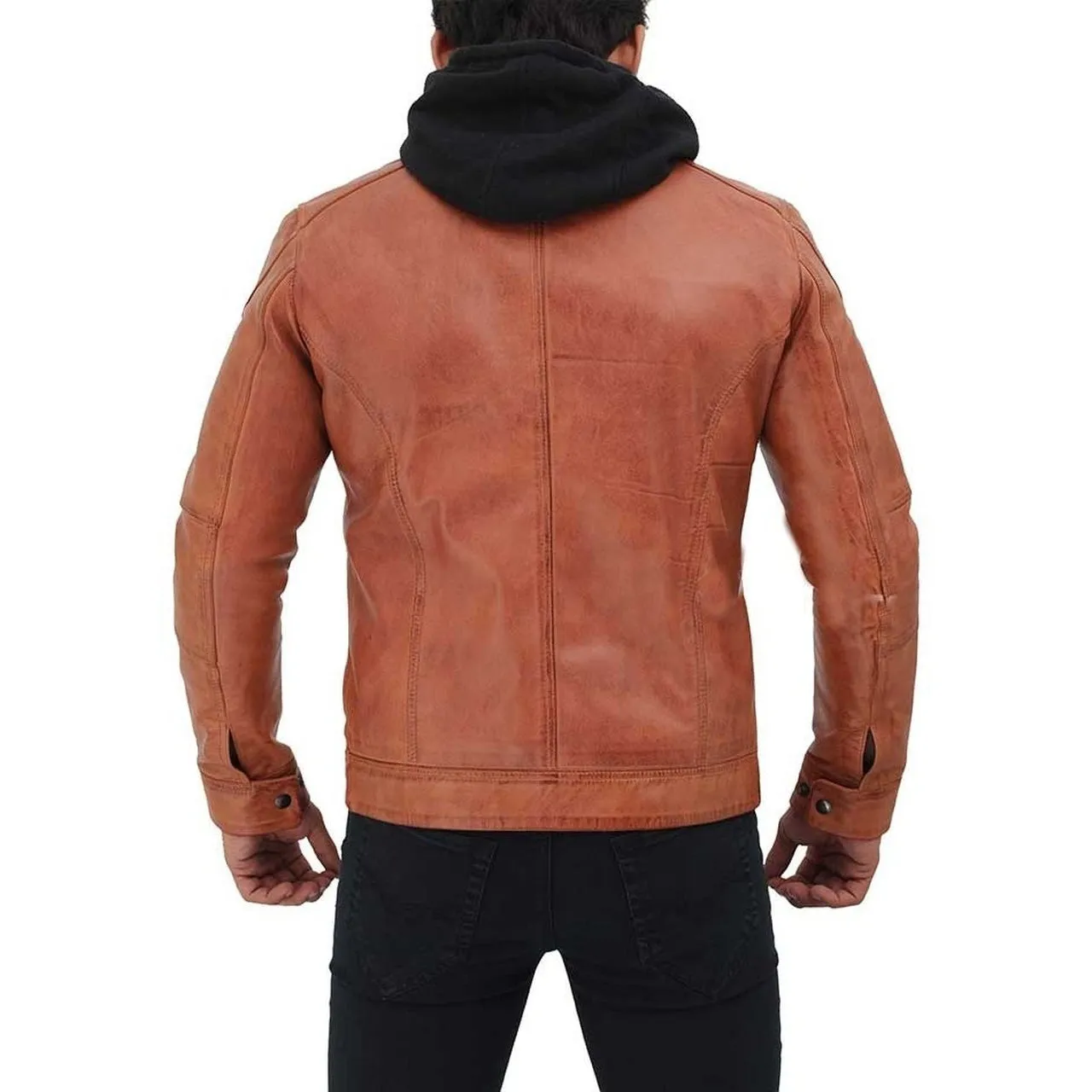 Men Tan Hooded Leather Jacket