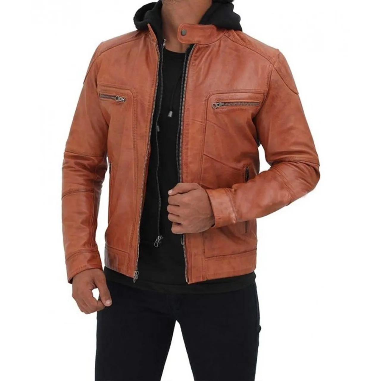 Men Tan Hooded Leather Jacket