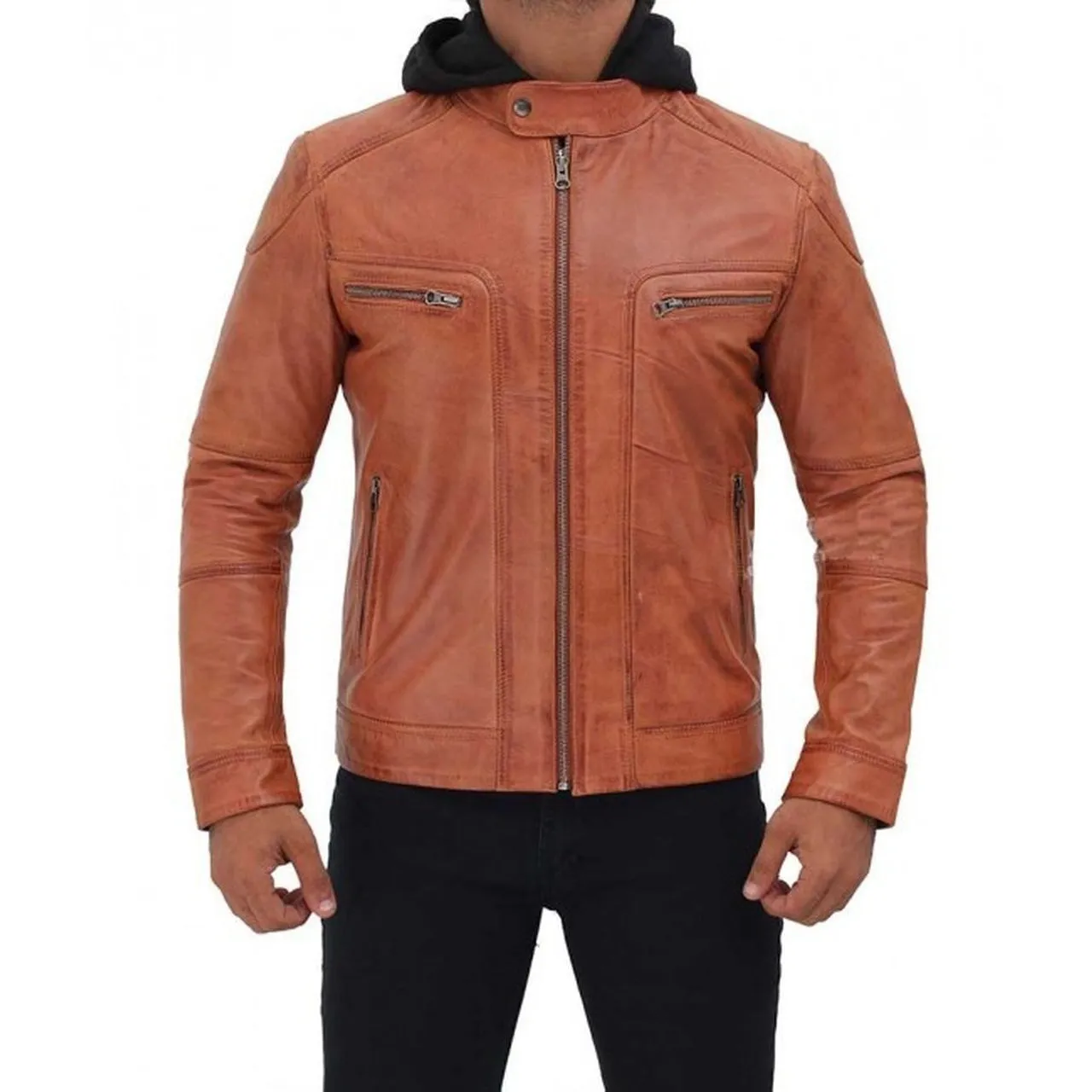 Men Tan Hooded Leather Jacket