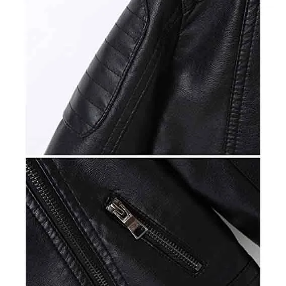 Mens Black Leather Motorcycle Jacket with Shoulder Studded