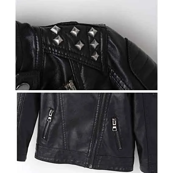 Mens Black Leather Motorcycle Jacket with Shoulder Studded
