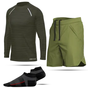 Men's Green Long Sleeve T-Shirt, Sports Shorts & Socks Set