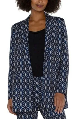 Navy Batik Button Front Boyfriend Blazer