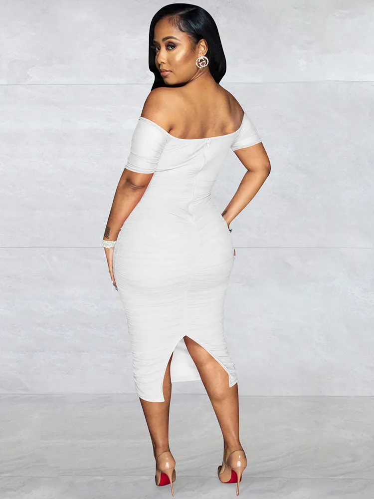 Off Shoulder Cut Out Split Midi Dresses
