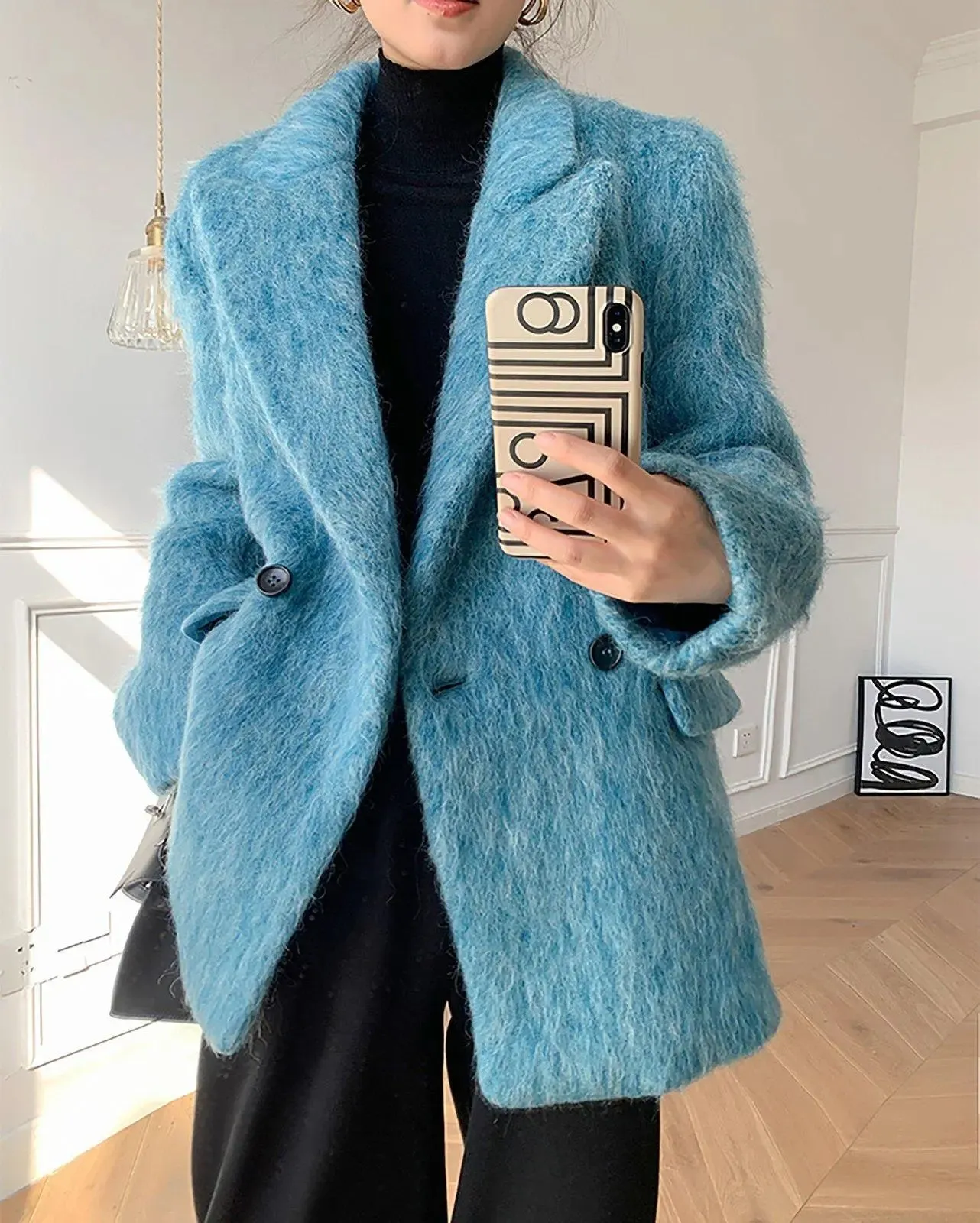 Peaked Lapel Double Breasted Wool Blend Fleece Blazer