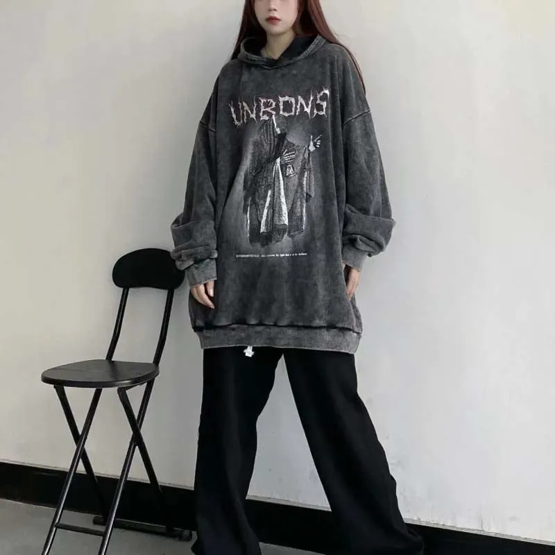 Pure Cotton Thick Gothic Women Hoodies Dark Academic Winter Warm Print Long Sleeve Harajuku Hooded Sweatshirt Streetwear