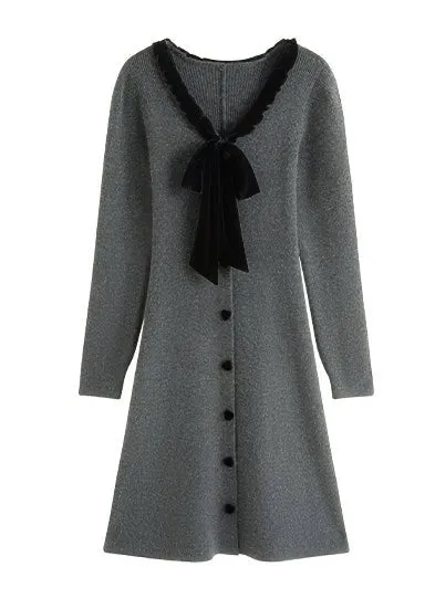 RIBBON TIE V-NECK KNIT DRESS