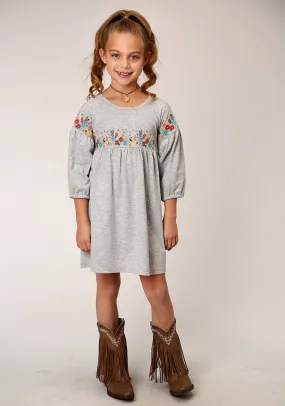 Roper Girls Grey Cotton Blend Milange Floral S/S Dress