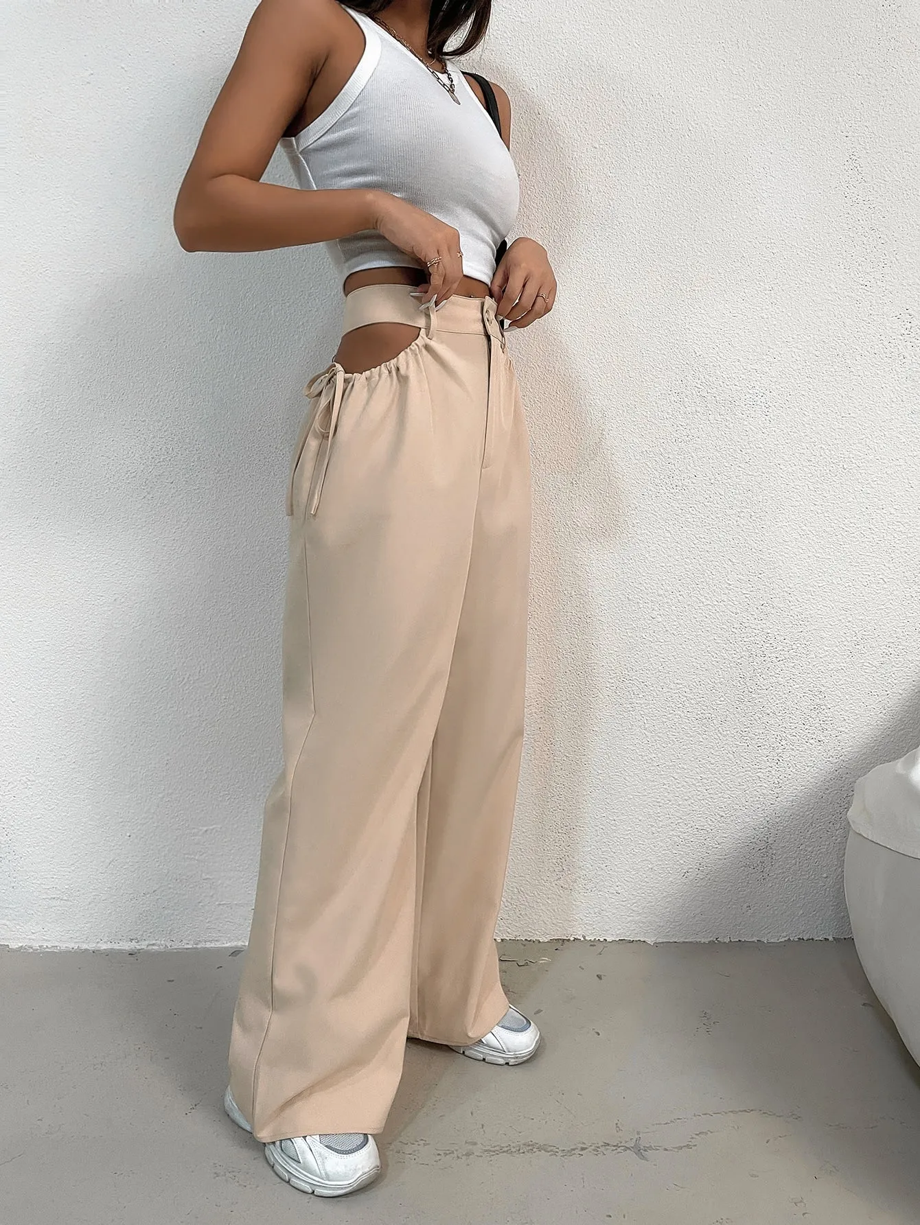 Sexy Plain Cut Out High Waist Long Women Pants