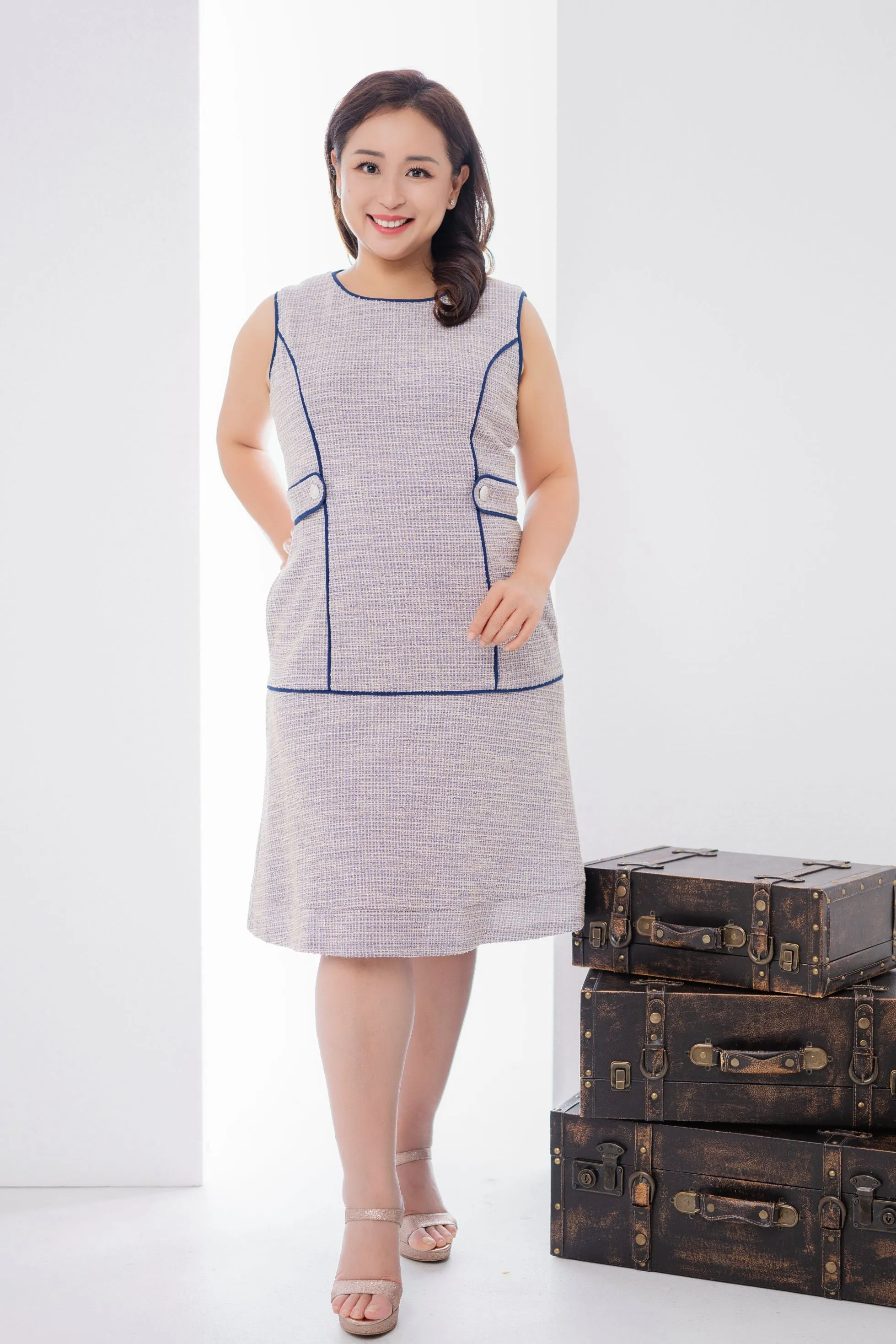 Tweed Dress with Color Piping