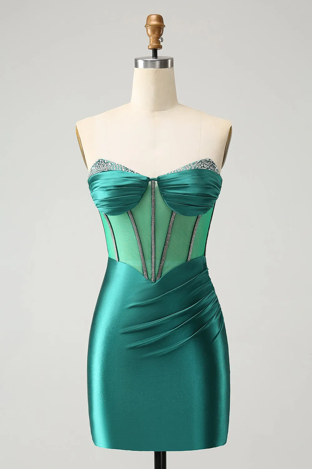 Unique Dark Green Sweetheart Pleated Corset Short  Tight Homecoming Dress with Beading