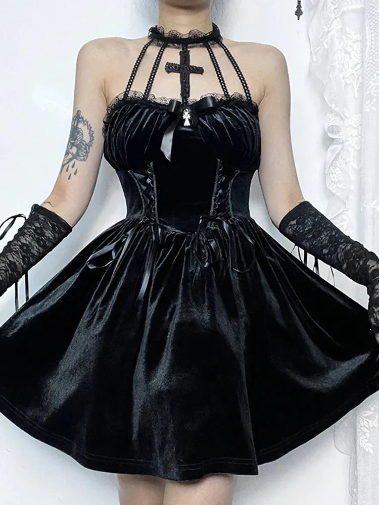 Velvet Vintage Lace Criss-Cross A-Line Backless Halter Bodycon Sleeveless Draped Frock