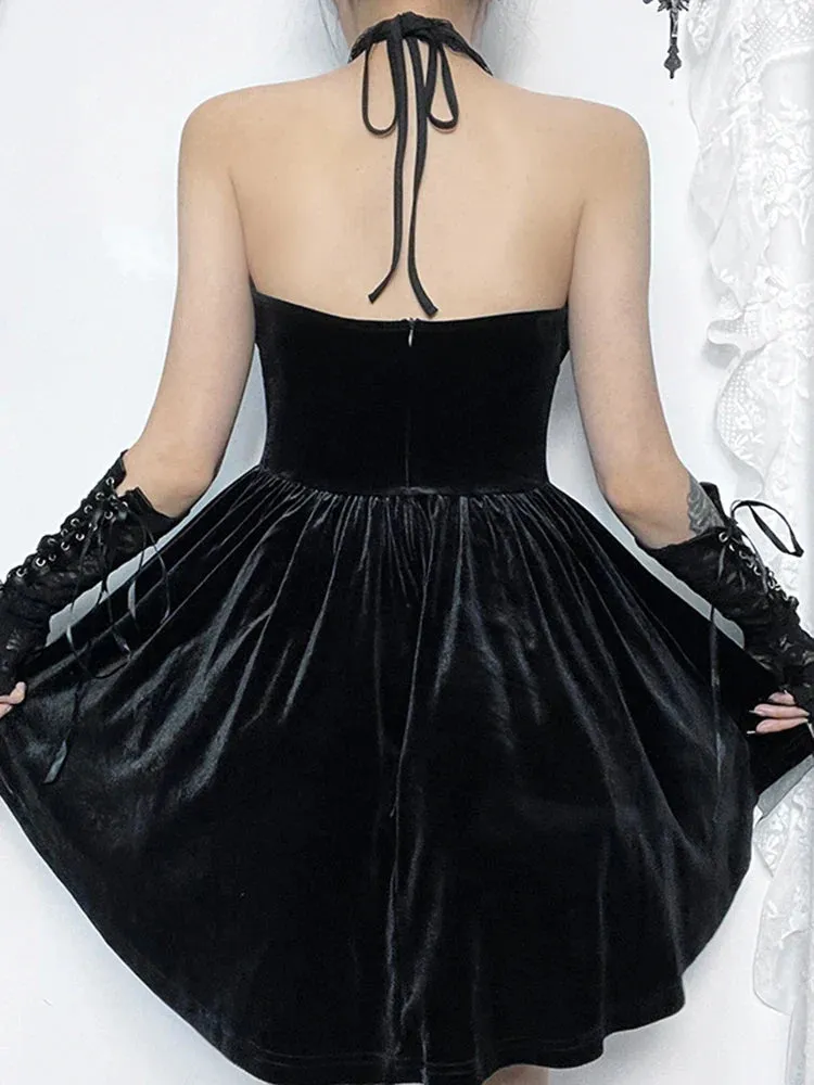 Velvet Vintage Lace Criss-Cross A-Line Backless Halter Bodycon Sleeveless Draped Frock