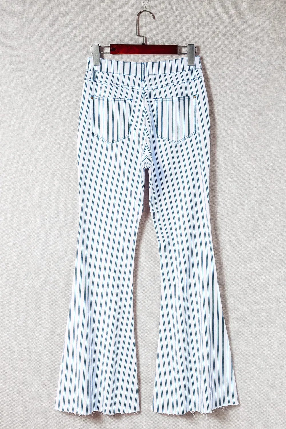 White High Waist Striped Print Flared Pants