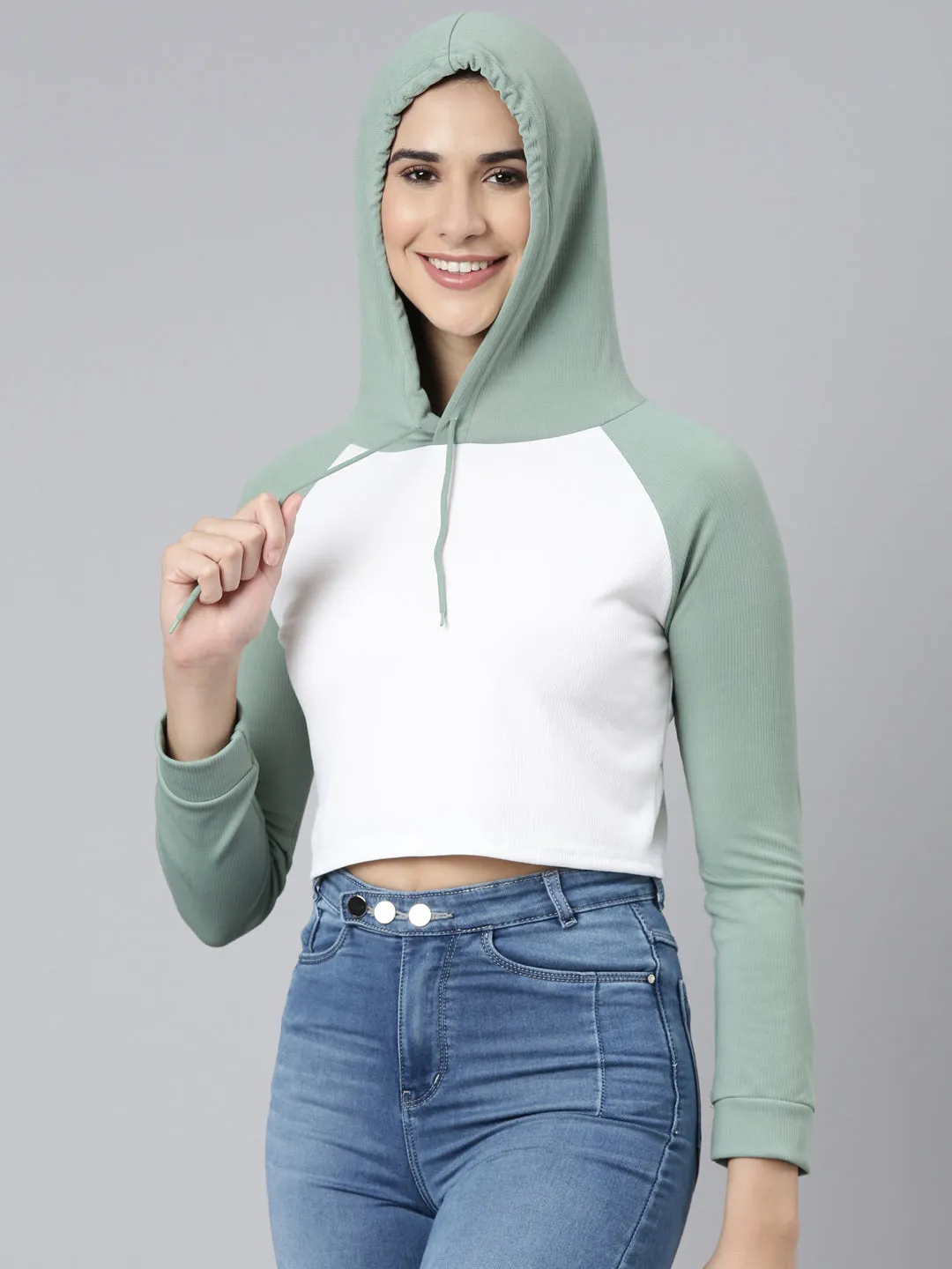 Women White Colourblock Crop Sweatshirt