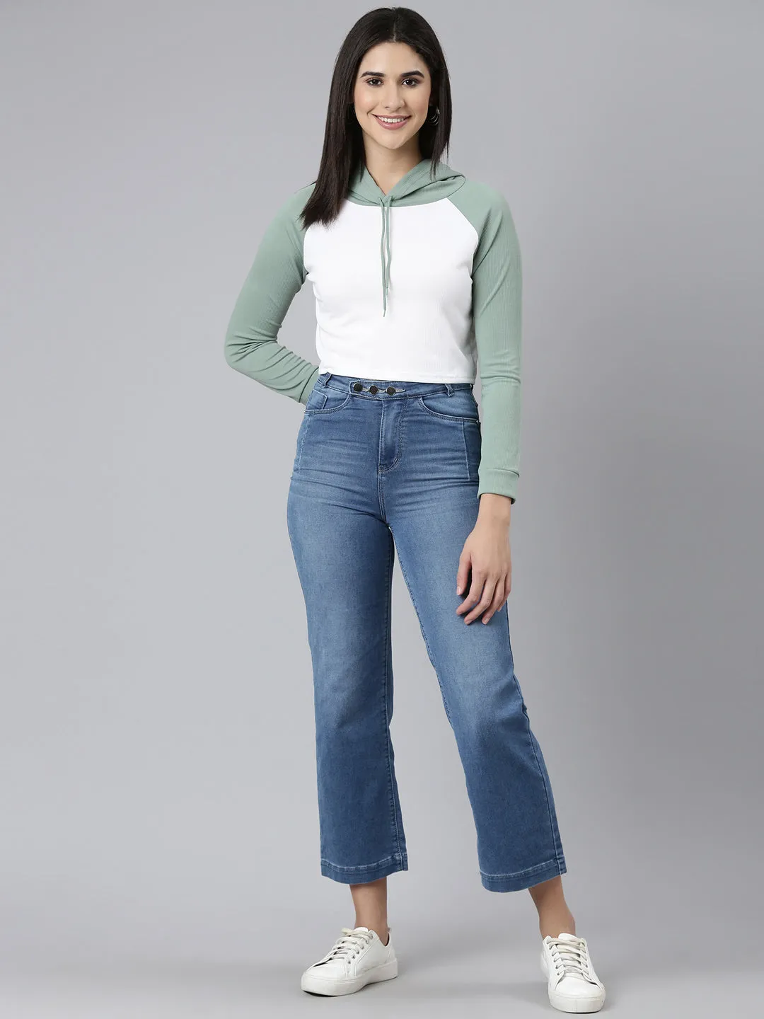 Women White Colourblock Crop Sweatshirt