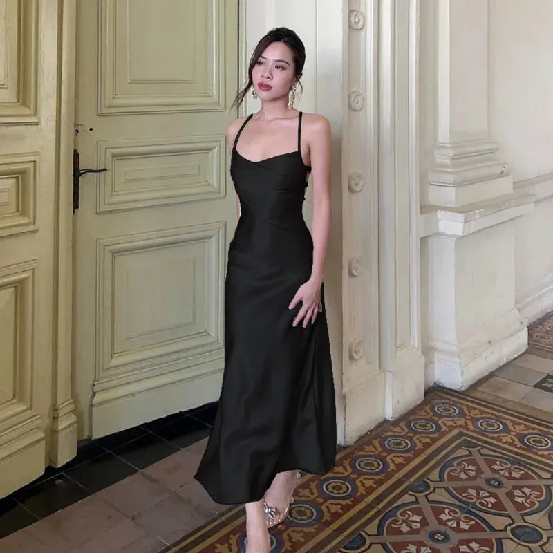 YESMYTOOL  -  2024 New Summer Solid color sleeveless Sexy Party Dress Women's Long Dress Slim Suspender Satin Backless Dress Club Clothing